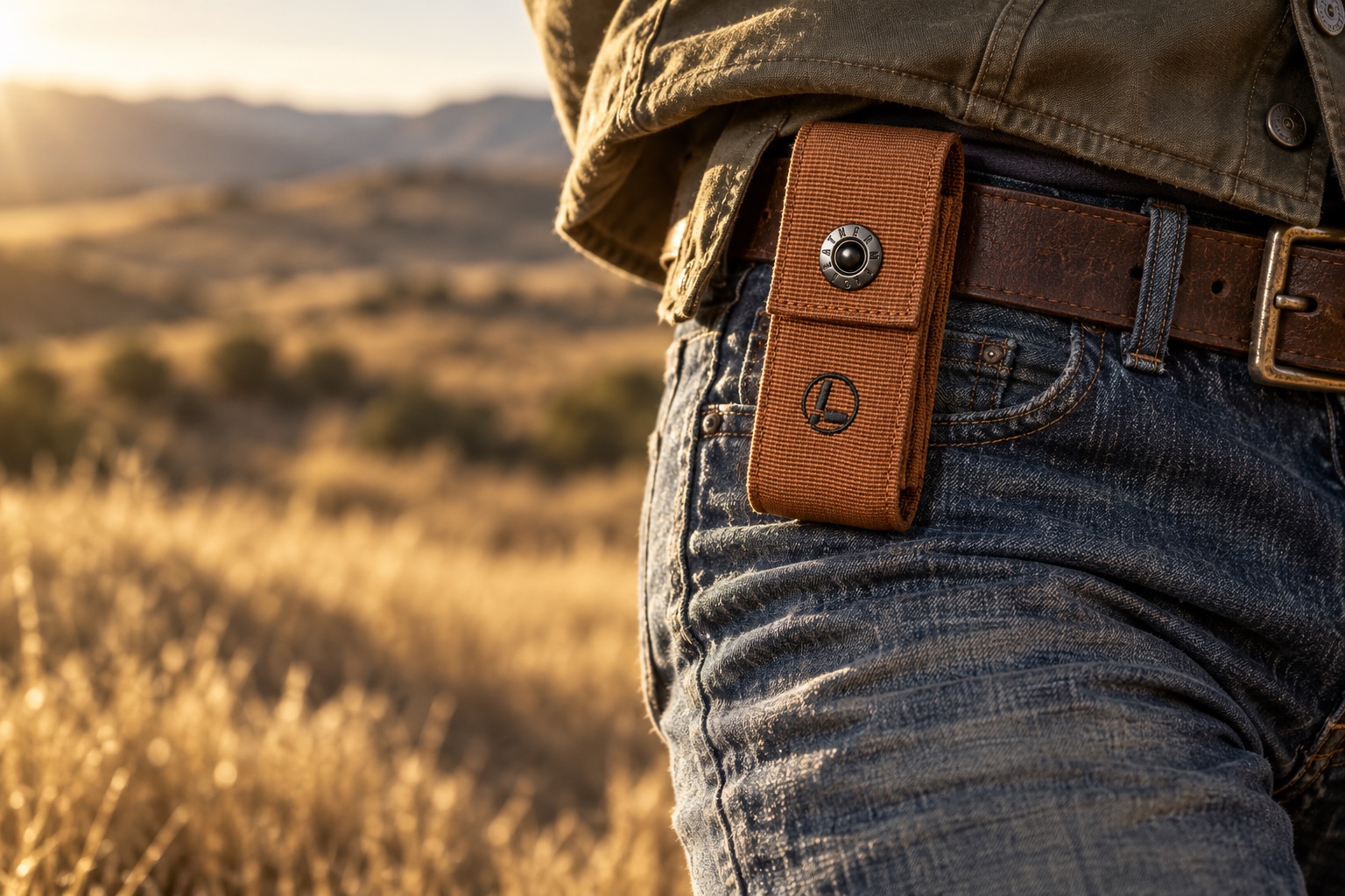 Concept photograph of a Sienna nylon sheath worn on a belt outdoors