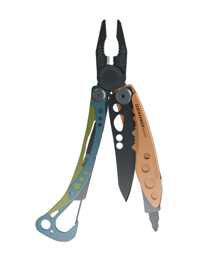 Leatherman Skeletool in the Christmas blue, olive and copper colors