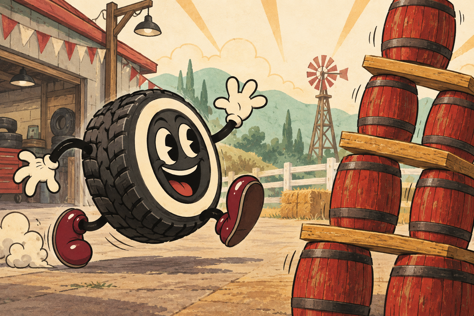 A cheerful cartoon tire bouncing toward a tower of red barrels