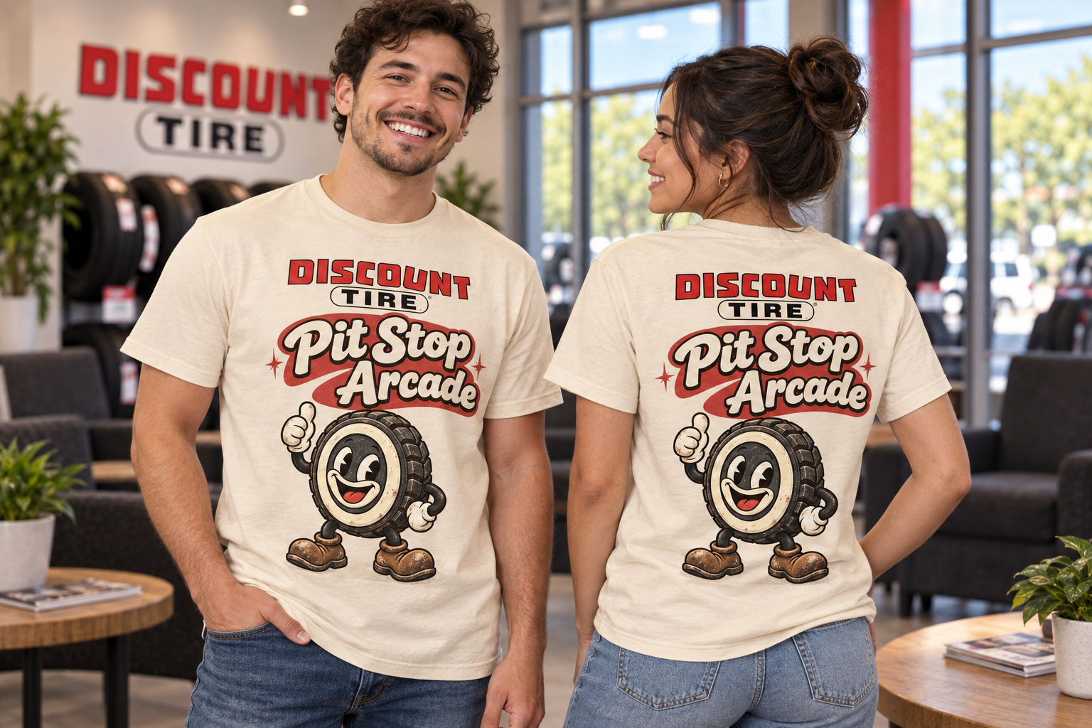 Fictional store employees modeling tire-character T-shirt concepts