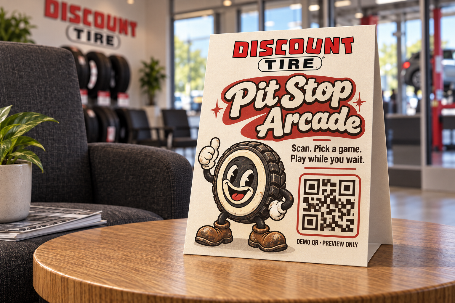 Pit Stop Arcade table-tent concept on a waiting-room table